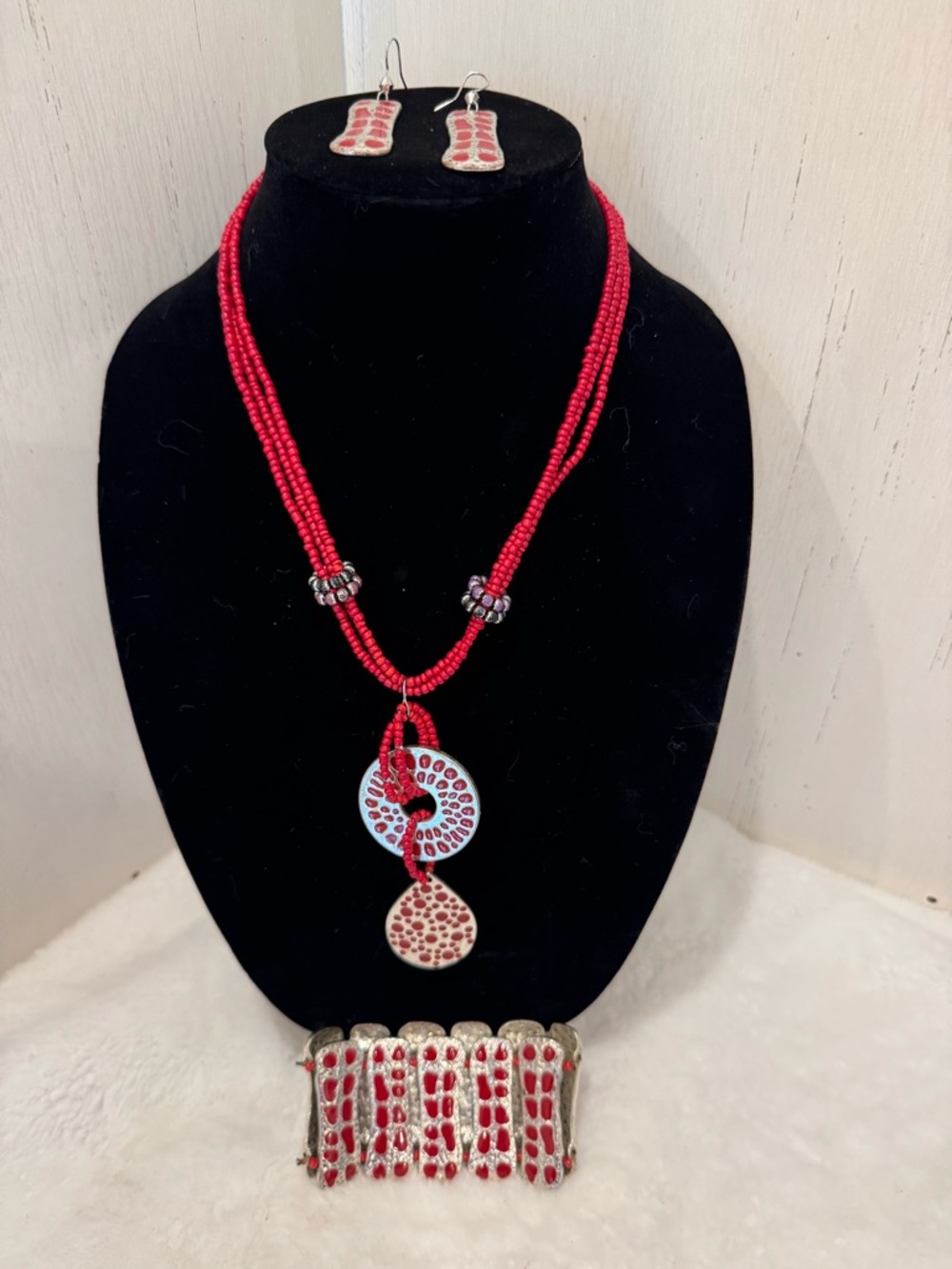 Boho Red and Silver Beaded Necklace, Earrings, Stretch Bracelet